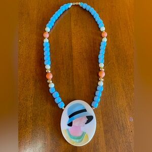 Vintage Lee Sands Mother of Pearl Necklace with Inlay Pendant 1920s Style Lady